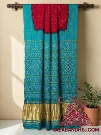 Sky Blue Red Lagdi Palav Bandhani Saree in Pure Gaji Silk