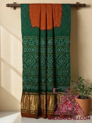 Emerald Green Rust Lagdi Palav Bandhani Saree in Pure Gaji Silk