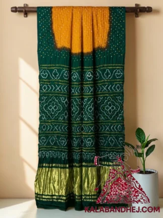 Bottle Green Mustard Yellow Lagdi Palav Bandhani Saree in Pure Gaji Silk