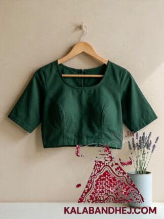 Green Plain Pure Cotton Hand-Dyed Blouse Material & Readymade