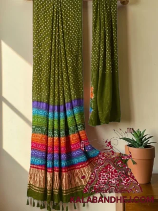 Mehendi Multicolor Palav Bandhani Saree Pure Gaji Silk