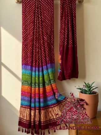 Marron Multicolor Palav Bandhani Saree Pure Gaji Silk
