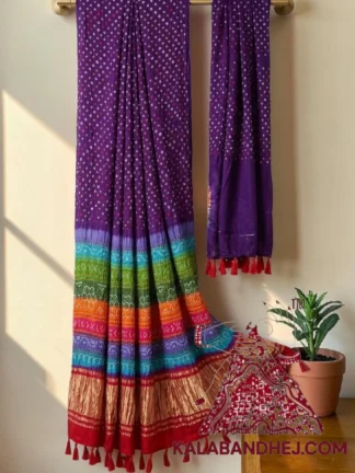 Purple Multicolor Palav Bandhani Saree Pure Gaji Silk